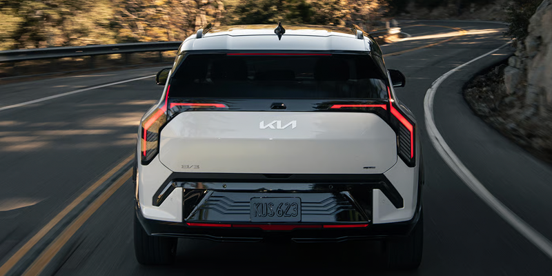 Rear view of the 2027 Kia EV3 showcasing taillights and tailgate